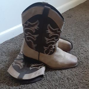 Cowboy boots with multiple burnt orange, tan, & br